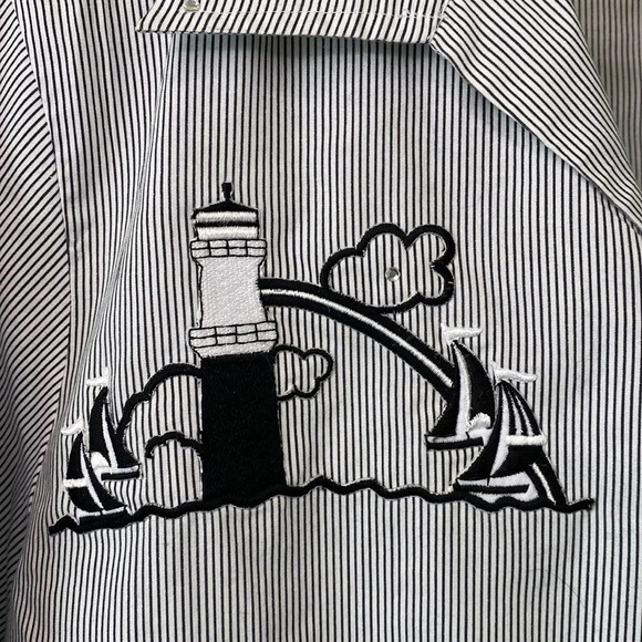 Vintage Light House stitched zip front pinstripe blouse by Las Olas size Medium - Picture 2 of 8